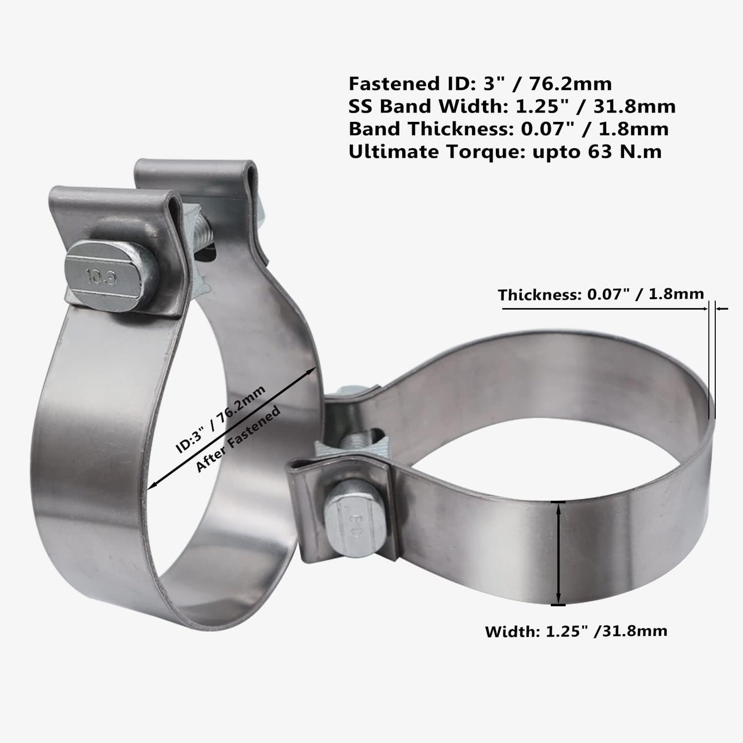 3 inch Exhaust Clamp Narrow Band Muffler Clamp Stainless Steel for Exhaust Pipe and System Repair (2 Pack)