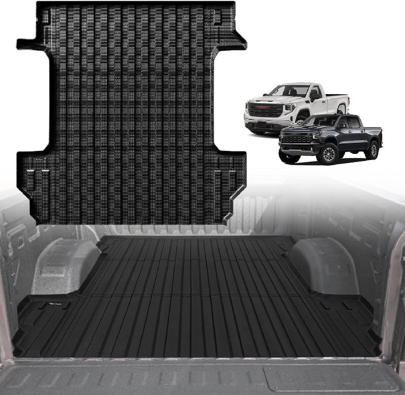 TripleAliners Truck Bed Mat Compatible with 2019-2024 2025 Chevy Silverado/GMC Sierra 1500 Accessories 5'8'' Vehicle Bed Perfectly Flush All Weather Protection TPE Heavy Duty Pickup Cargo Mat