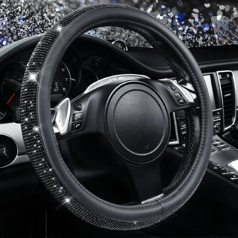 CAR PASS Bling Diamond Leather Steering Wheel Cover